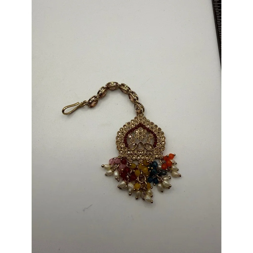 Gold Tone‎ Maang Tikka Indian Headpiece Rhinestone Multi Color Bead Faux Pearl